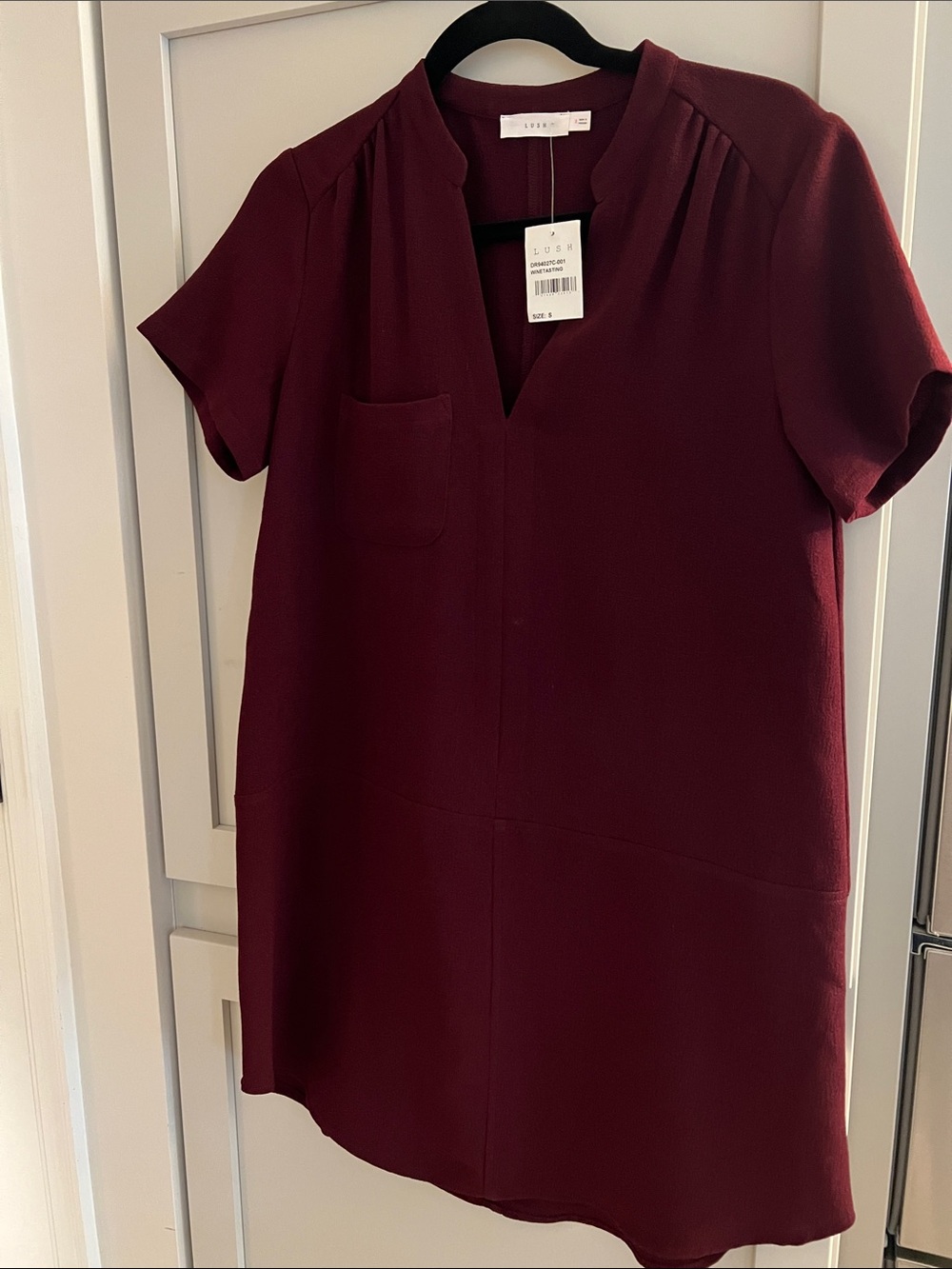 LUSH Burgundy Short-Sleeve V-Neck Dress, size S, NWT